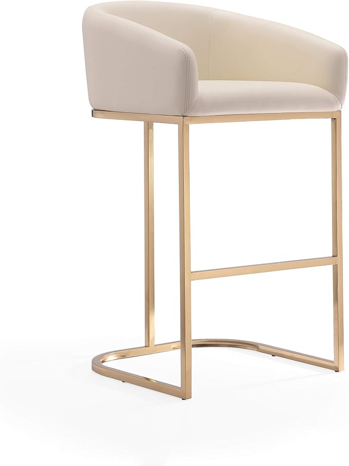 Manhattan Comfort Louvre 30 Inch Mid Century Modern Counter Height Bar Stools - Elegant Faux Leather Padded Seat, Stainless Steel Base with Footrest, Fully Assembled Barstools, Set of 2, Cream