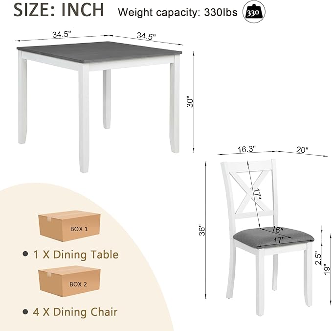 KEIKI 5-Piece Standard Height Dining Table Set with Square Table and 4 X-Shaped Backrest Upholstered Chair, for 4 Person, Modern Wooden Table Set, Easy Assembly, for Kitchen, Dining Room, White+Gray