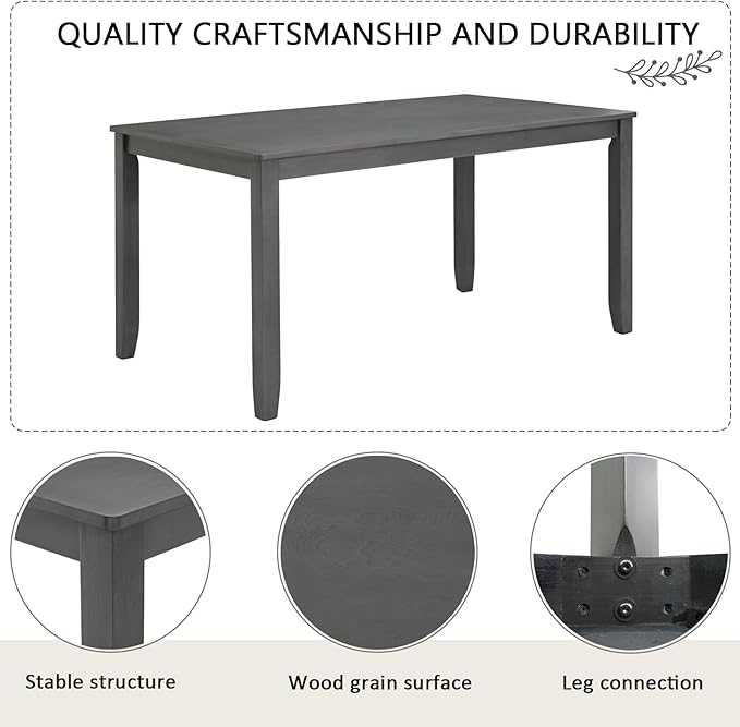 soges 6-Piece Large Dining Table Set with Leather Bench and Chairs, Wooden Dining Table Chairs Set for 6, Modern 6 Person Dining Room Set, Grey