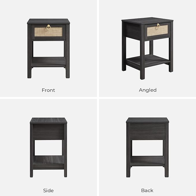 SICOTAS Rattan Nightstand Set of 2, Rattan Decor Drawer with Brass Knobs Night Stand Bedside Table Boho End Tables Side Tables with Storage Shelf for Bedroom,Small Space
