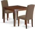 East West Furniture OXEN3-MAH-18 3 Piece Dining Room Table Set Contains a Square Wooden Table and 2 Dark Coffee Linen Fabric Upholstered Parson Chairs, 36x36 Inch, Mahogany