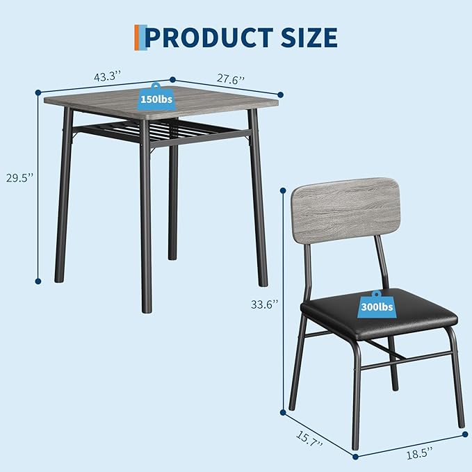GAOMON 3-Piece Dining Table Set for 2, Wood Kitchen Table Set with Built-in Storage Rack,Small Kitchen Table with Upholstered Chairs and Metal Frame for Small Spaces，Gray