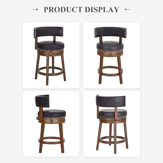 COLAMY Swivel Bar Stools Set of 2, Swivel Counter Height Barstools, 25 Inch Upholstered Barstools for Kitchen Island Dining Room Bar, Dark Brown