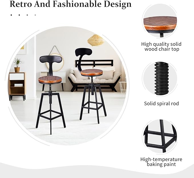 Set of 2 Industrial Bar Stools with Backrest Swivel Wooden Seat Height Adjustable 25-32inchKitchen Island Stool Breakfast Dining Chair