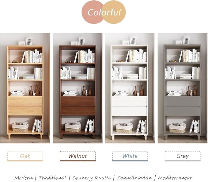 IOTXY Oak Mid-Century Bookcase with Legs - 67" Tall Open Shelves Cube Billy Bookshelf with Double Drawers for Home and Office