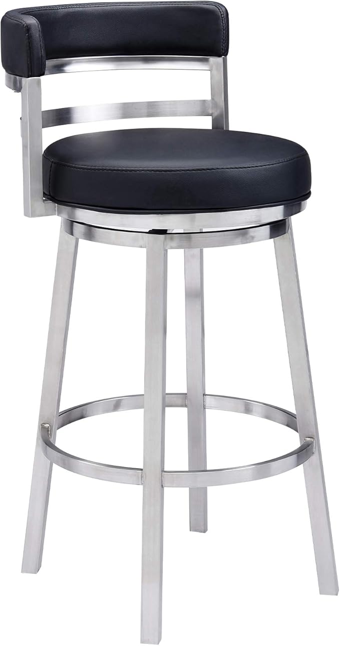 Armen Living Titana 26" Counter Height Swivel Black Faux Leather and Brushed Stainless Steel Bar Stool