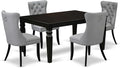 East West Furniture LGDA5-BLK-27 5 Piece Dining Table Set Includes a Rectangle Wooden Table with Butterfly Leaf and 4 Polyester Fabric Parson Chairs, 42x84 Inch, Black