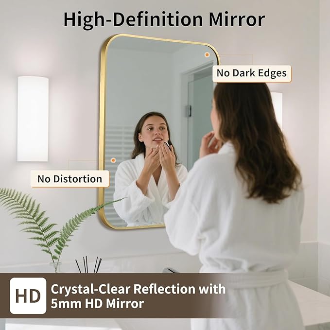 Gold Bathroom Mirror, 16x20 Inch Aluminum Frame Rectangle Mirror, Anti-Rust, Tempered Glass, Wall Mirror for Over Sink, Vanity, Bedroom, Entryway, Horizontal/Vertical