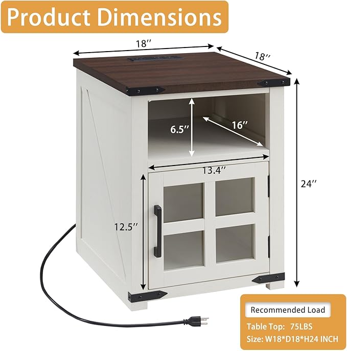 Farmhouse Nightstand with Charging Station, Rustic End Table with Tempered Glass Barn Door, Wood Sofa Side Bedside Table with Open Storage Shelf for Living Room, Bedroom, White, 2 Pack