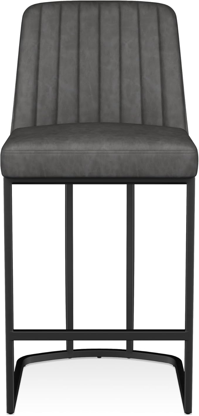 Bar Stools Set of 2, Faux Leather Counter Height Barstools, Upholstered Kitchen Counter Stools with Back and Stitching, 25.6" H Kitchen Island Stools Bar Chair, Metal Framed, Black Grey