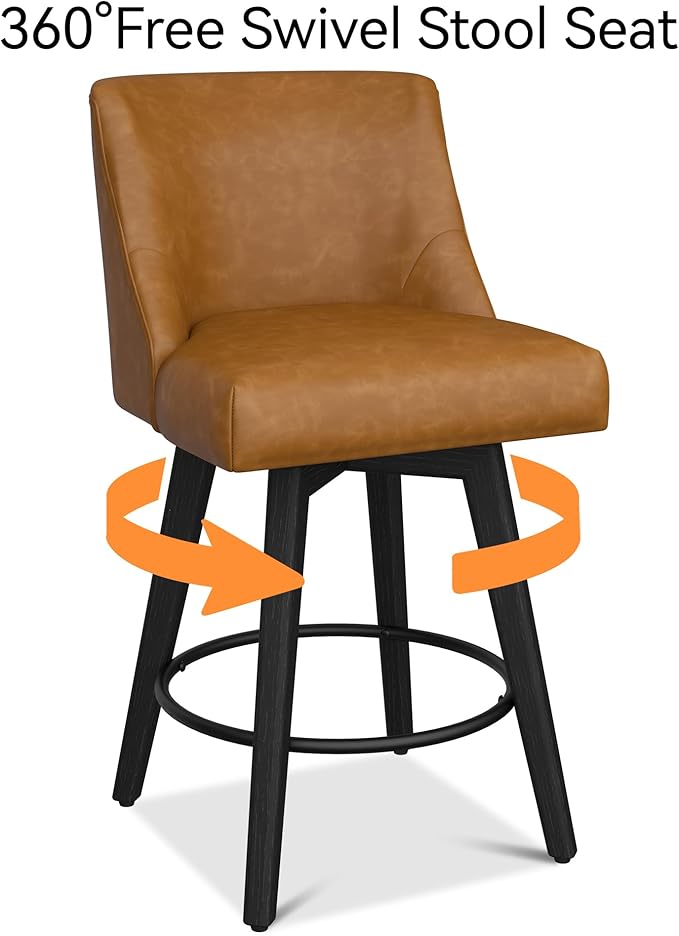 Counter Height Bar Stools Set of 4, Modern Swivel Barstools with Back and Wood Legs, Faux Leather Upholstered Bar Chairs, 26" H Kitchen Counter Stools, Kitchen Island Home Bar, Whisky Brown