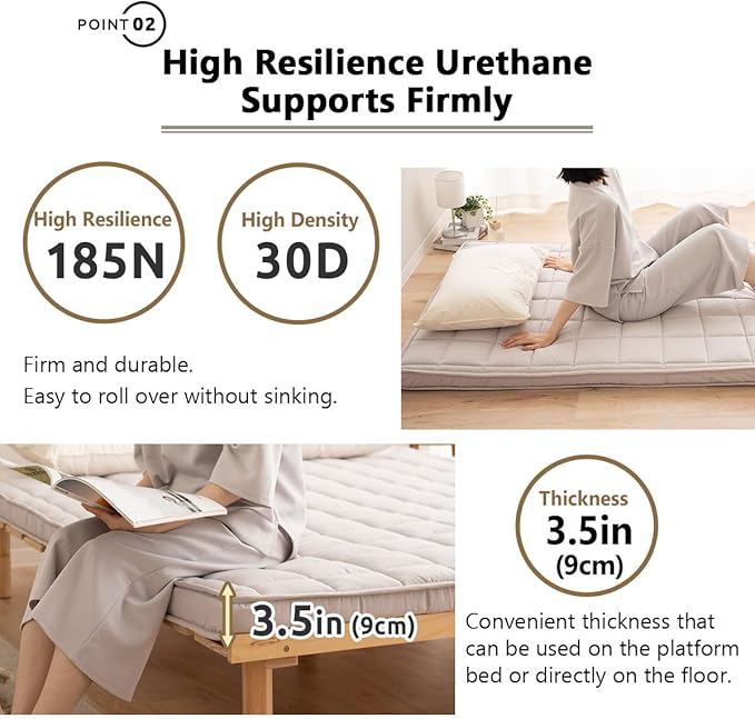 EMOOR Japanese Padded Futon Mattress Machi King Gray, Gusset Foldable Storable Elastic Bands Floor Sleeping Guest Bed Tatami Mat