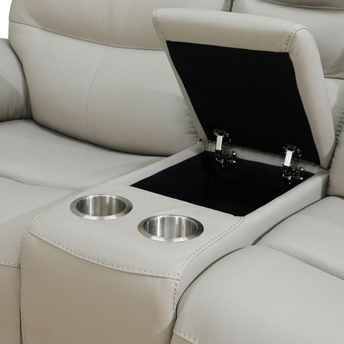 Electric Power Recliner Loveseat Genuine Breathing Leather Recliner Couch 2-Seater, Comfy Wide Lazy Top Grain Leather Sofa with USB Port, Center Console, Cup Holders (Grey, Two Seater Loveseat)