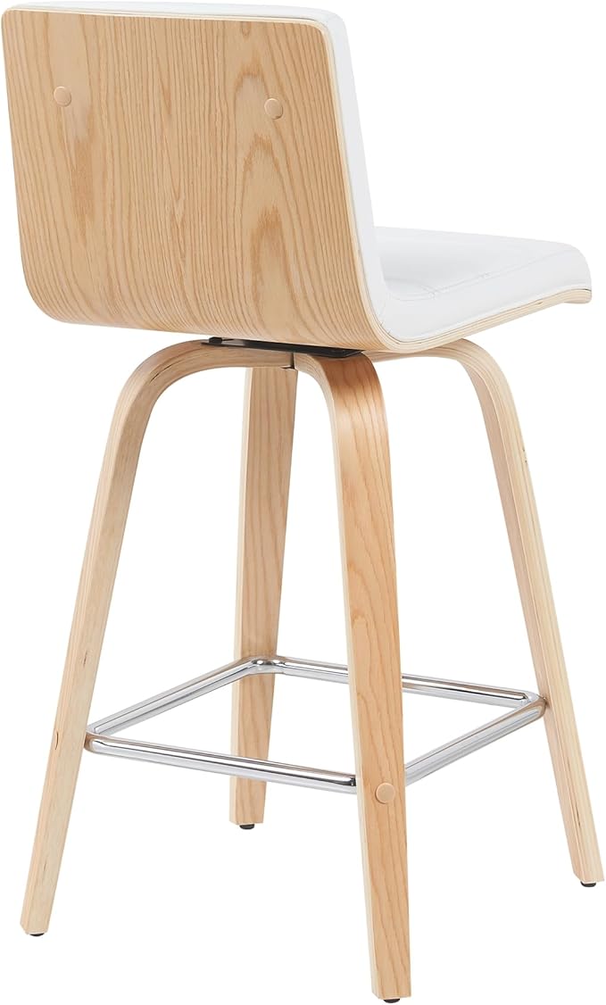 Armen Living Vienna Modern Swivel 26" Counter Height Barstool with White Faux Leather and Patterned Oak Wood Finish