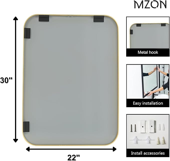 MZON 22x30 Inch Brushed Gold Vanity Mirror, Rectangle Bathroom Mirrors for Over Sink, Anti-Rust Frame & Tempered Glass, Hangs Horizontally/Vertically - Perfect for Farmhouse, Bedroom or Entryway Decor