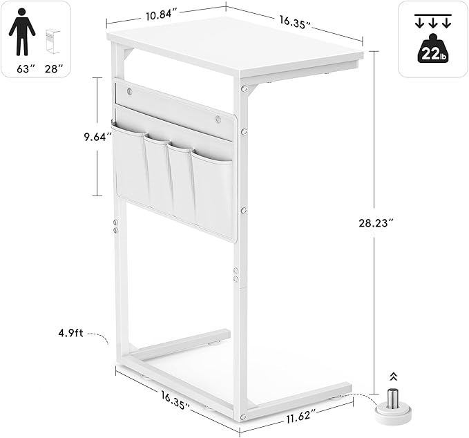 Vagusicc C Shaped End Table, Set of 2, Small Side Table for Couch, Couch Side Table TV Tray Arm C Tables for Small Space, Sturdy Slide Under Sofa Tables with Metal Frame for Living Room Bedroom, White