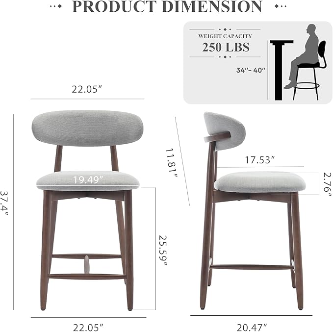 COLAMY Bar Stools Set of 4, Counter Height Bar Stools, Upholstered Counter Stools with Wood Legs for Kitchen Island Dining Room Bar, Light Grey