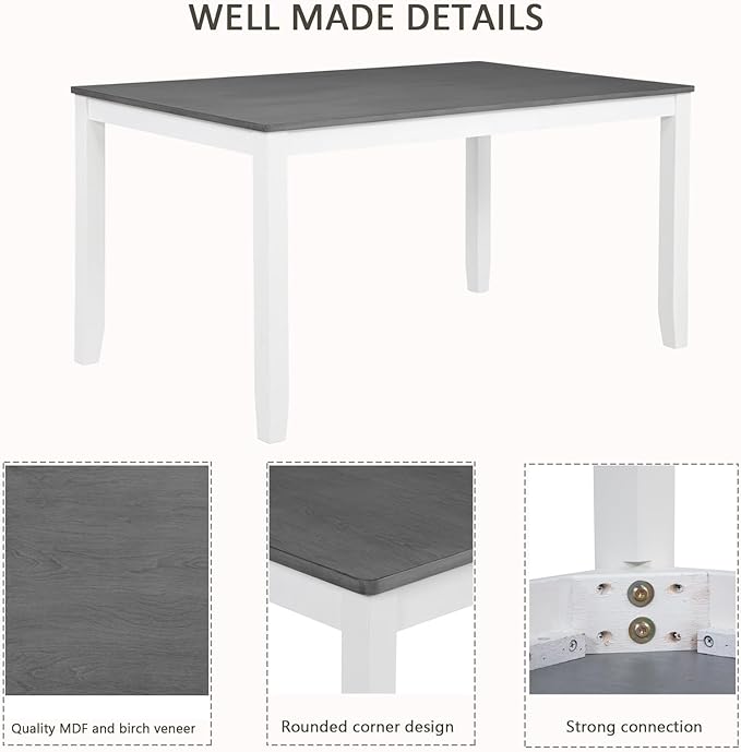 soges 6-Piece Kitchen Dining Table Set with Bench, Wood Dining Table Set for 6, Modern 6-Person Table Set for Dining Room, Kitchen, Grey & White