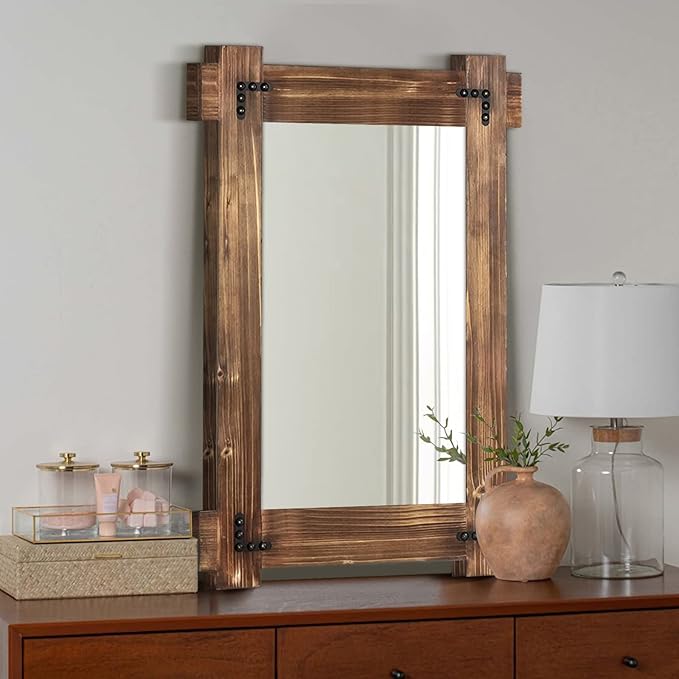 MeMoreCool Farmhouse Rustic Wood Framed Bathroom Mirror, Decorative Wall Mounted Rectangular Mirror for Bedroom, Living Room, or Bathroom, 24x36 Inch