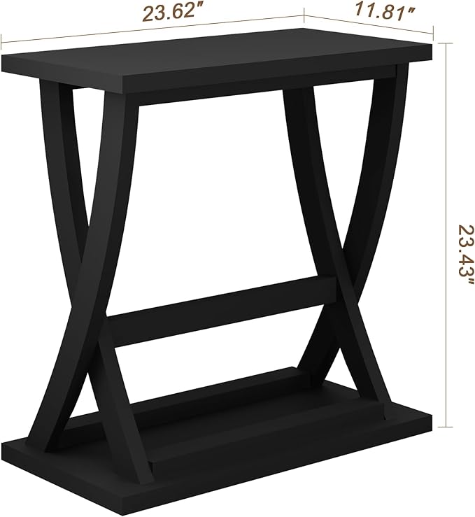ChooChoo Black End Table, Narrow Side Table with Storage Shelf, Modern X-Design Slim End Table for Living Room,Bedroom, Small Space, 11.8" D*23.6" W*23.4" D