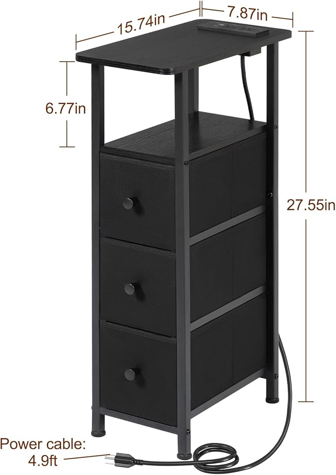 Narrow End Tables Living Room Set of 2 with Charging Station, Skinny Side Table with Fabric Drawers, Slim LED Nightstand for Bedroom, Small Spaces, Couch, Black, HETNDP03LBK