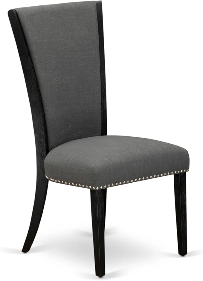 X07VE-B06-50 - 9-Pc Dining Room Table Set a Rectangular Dining Table and wooden Benches and 7 Dark Gotham Grey Linen Fabric Dining Chair, 39x120 Inch, Wire Brushed Black