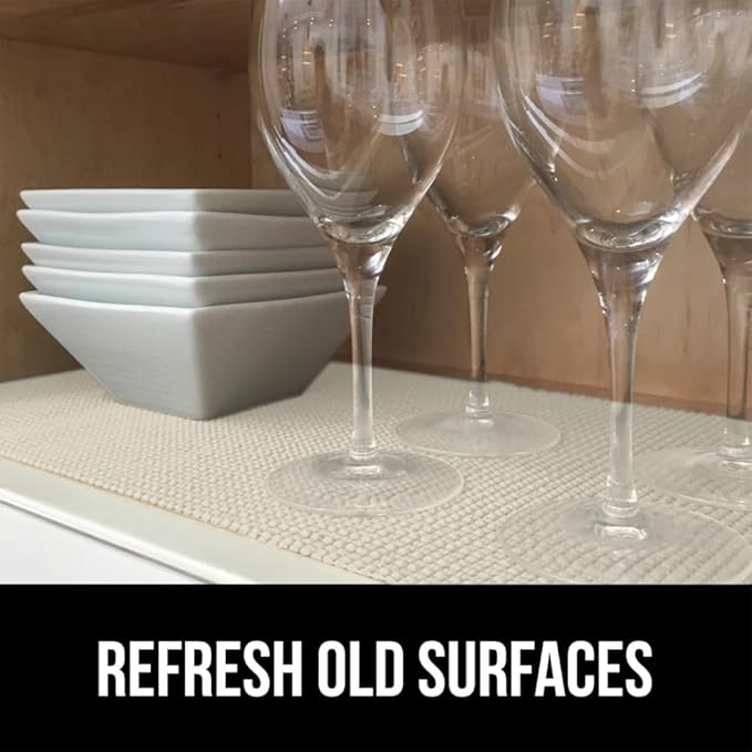 GORILLA GRIP powerGRIP Drawer Shelf and Cabinet Liner, Thick Strong Hold, Non-Adhesive Liners Protect Kitchen Cabinets and Cupboard, Bathroom Drawers, Easy Install, Breathable Mat, 17.5" x10', Cream