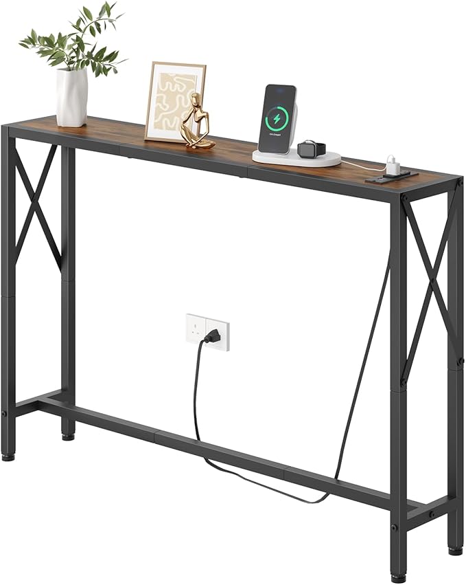 41.8" Console Table, Narrow Behind The Couch Table with Outlet, Industrial Skinny Stand for Hallway, Entryway, Living Room, Bedroom, 6.5 Feet Power Cord,Rustic Brown
