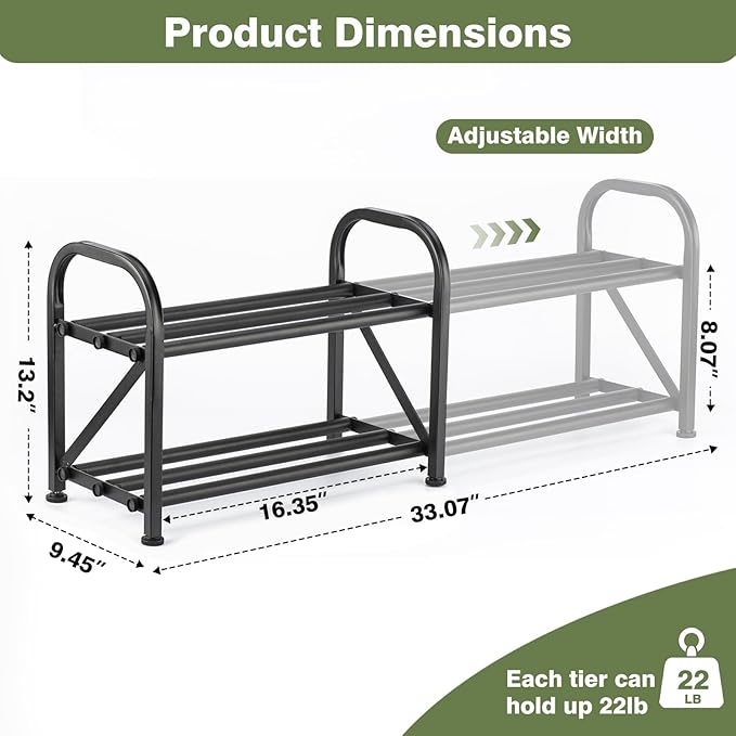 2-Tier Shoe Rack for Closet, 16"-33" Expandable ShoeRack, Adjustable for Entryway Closet Doorway SturdyMetal, Black