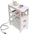 Fully Assembled Narrow Side Table with Charging Station, No Assembly Narrow Nightstand with USB Ports, Pre Assembled Skinny End Table with Outlets for Living Room, Bedroom-White
