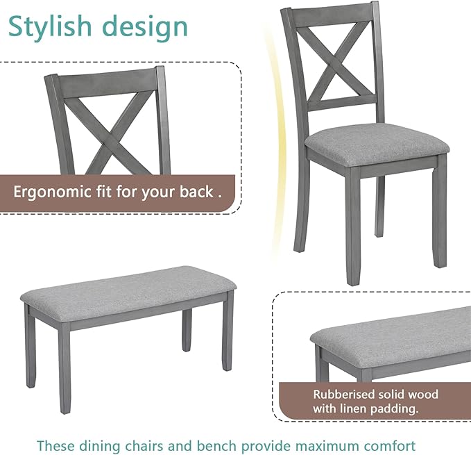KEIKI 6-Piece Standard Height Dining Table Set with Rectangular Table, 4 Upholstered X-Shaped Backrset Chair, Bench, for 6 Person, Modern Style Table Set, Easy Assembly, for Kitchen, Dining Room, Gray