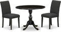 East West Furniture DMAB3-ABK-24 3 Piece Modern Dining Table Set Contains a Round Wooden Table with Dropleaf and 2 Black Color Linen Fabric Upholstered Chairs, 42x42 Inch, Wirebrushed Black