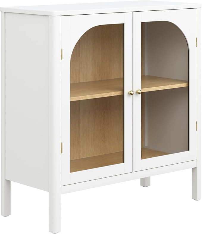 Nathan James Mason Storage Accent Cabinet Sideboard Buffet, Credenza with Glass Doors and Adjustable Shelf for Dining Room, Entryway and Living Room, Clear Glass/White/Light Oak