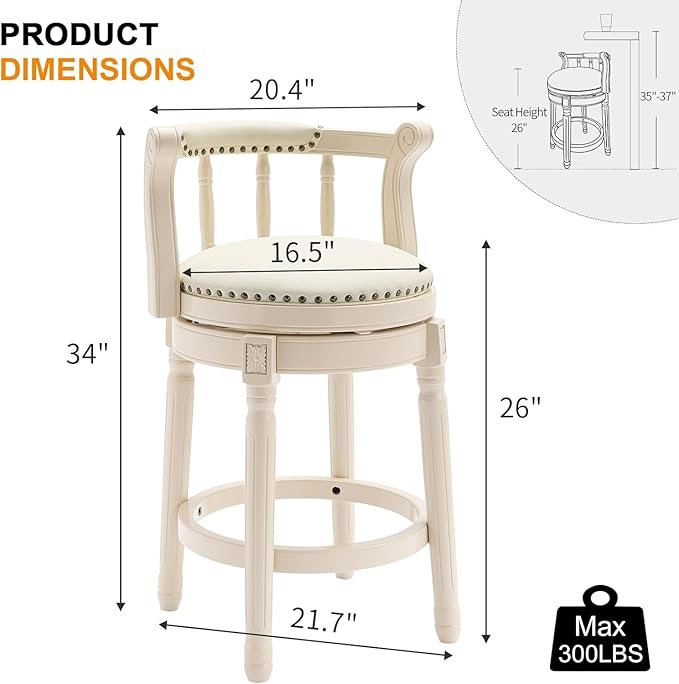 Cow top Leather Wooden Bar Stools, 360 Degree Swivel Bar Height Chair with Backs for Home Kitchen Counter, Morden Chair Barstools (Ivory Wood 1pc-Cream Seat, Counter Height-Seat Height 26”)
