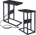 VECELO C Shaped End Side Table with Charging Station & Power Outlets for Couch Sofa/Bed, Snack TV Tray with Metal Frame for Living Room Bedroom 2 Set, Black Marble