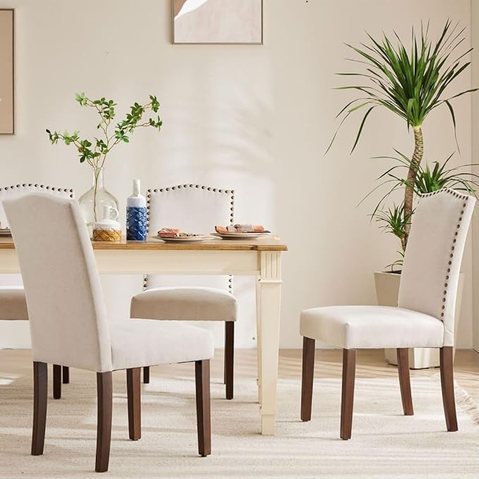 Kitchen Chairs Set of 2 Modern Upholstered Fabric Seat with Nailhead Trim and Ergonomic Lumbar Support for Living Room and Rustic Farmhouse Dining Area, Beige