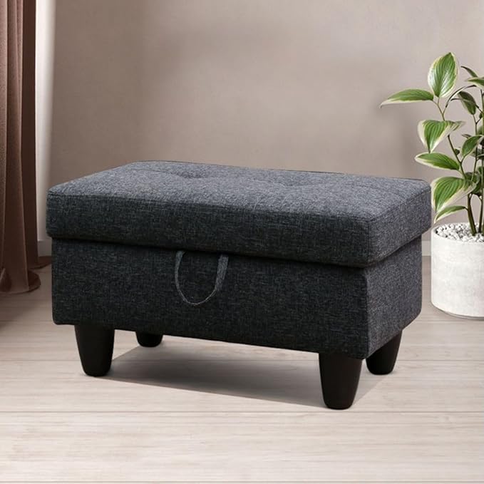 Black Grey L-Shaped 3-Piece Linen Sofa with Storage Ottoman Set, Sectional Couch Sofa Set for Living Room, Office, Small Space