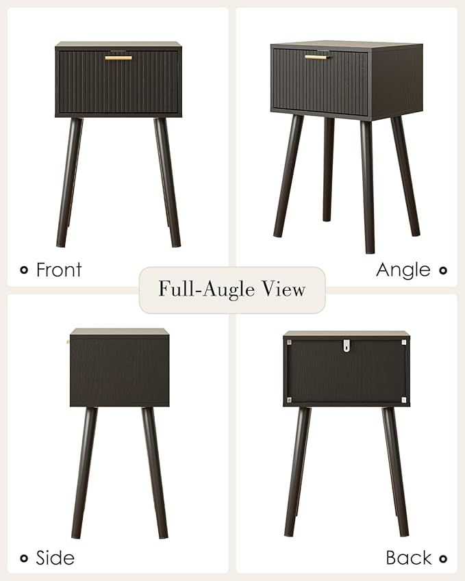 Night Stand Set 2, Black Nightstand with Fluted Doors, Small Modern Mid-Century Bedside Table for Bedroom, End Table for Living Room