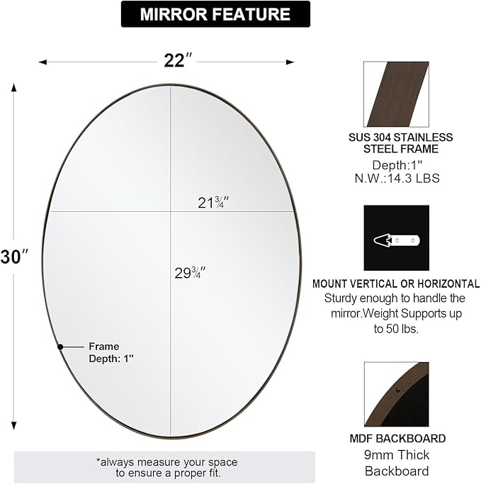 ANDY STAR Bronze 22x30 Oval Bathroom Mirror, Sturdy Stainless Steel Frame, Anti-Scratch Glass, Modern Brushed Bronze Finish, Easy Wall Mount