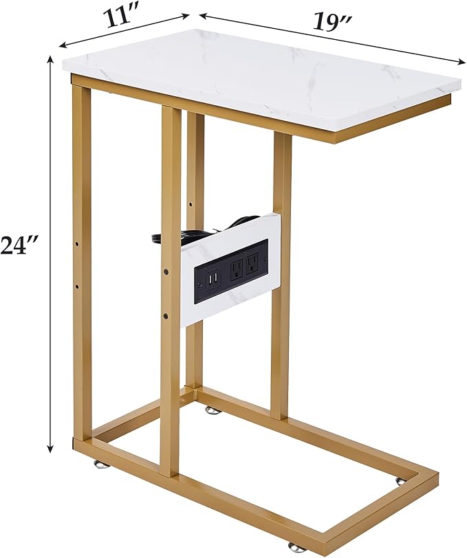 VECELO C Shaped End Side Table with Charging Station & Power Outlets for Couch Sofa/Bed Snack TV Tray with Metal Frame for Living Room Bedroom 2 Set, Gold