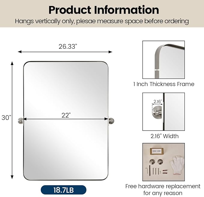 MOON MIRROR 22" x 30" Brushed Nickel Metal Framed Pivot Rectangle Bathroom Mirror, Silver Tilting Rounded Rectangular Vanity Mirror for Wall Hangs Vertical Only