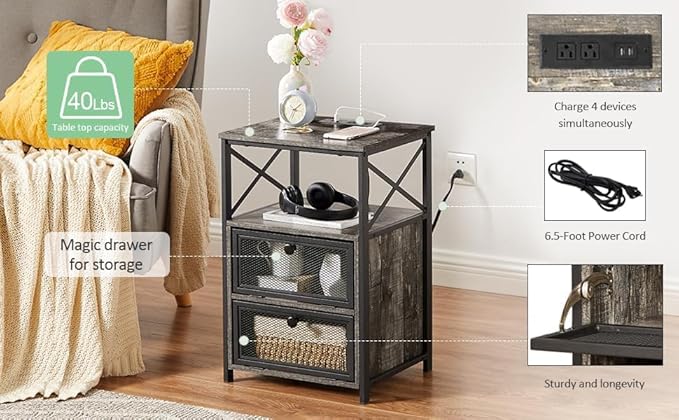 VECELO Oak Gray End Table with USB Ports and Outlets,24 Inch Nightstands with Charging Station and Storage Shelf for Bedroom,Living Room, 2 Set