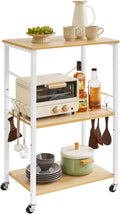 IBUYKE Kitchen Shelf Cart, 3-Tier Microwave Oven Stand, Baker’s Rack with Metal Frame and 8 Hooks, Industrial Printer Stand, Utility Standing Storage Shelf for Coffee Bar, Simple Assembly, TMJ023R