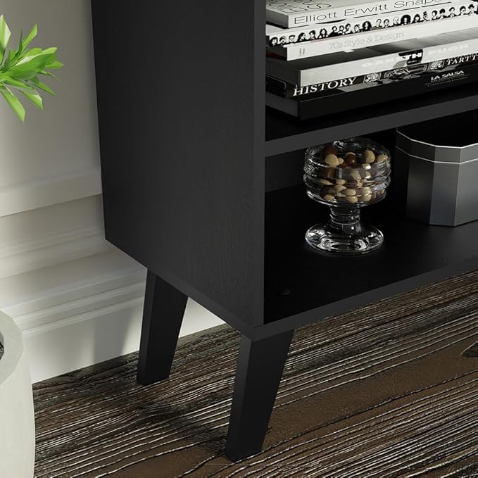Madesa Compact TV Stand Cabinet with 4 Shelves and Cable Management for 50, 55 Inch TV Media Storage Unit Living Room and Bedroom Modern Wooden Television Media Console - Black