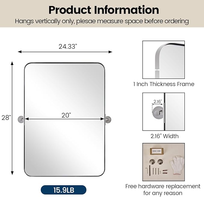 MOON MIRROR Polished Chrome Pivot Mirror for Bathroom, Tilt Bathroom Vanity Mirror,Rounded Rectangle Pivoting Mirror, Overall 24.33 x 28 inches(Mirror 20 x 28 inches)