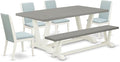 East West Furniture V097LA015-6 6 Piece Dining Table Set Contains a Rectangle Dining Room Table with V-Legs and 4 Baby Blue Linen Fabric Parson Chairs with a Bench, 40x72 Inch, Multi-Color