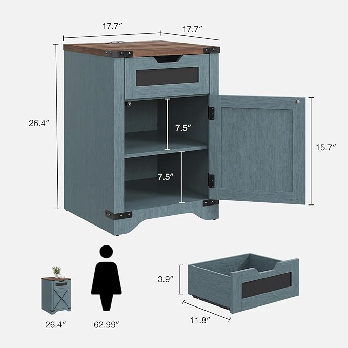 Farmhouse End Table Set of 2 with Charging Station, 26.4" Tall Rustic Nightstand with Drawer and X Barn Door, Country Bedside Sofa Side Table for Living Room, Blue
