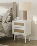 Masupu Rattan Night Stand, Modern nightstand Boho Bedside Table with 2 Drawer, Small End Side Table for Bedroom,Living Room,Office,White