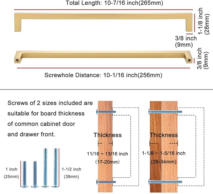 KOOFIZO Solid Square Bar Cabinet Handle - Brushed Gold Furniture Pull, 10 Inch/256mm Screwhole Distance, 1-Piece for Kitchen Cupboard Door, Bedroom Dresser Drawer, Bathroom Wardrobe Hardware