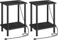 HOOBRO Side Table with Charging Station, Set of 2 End Tables with USB Port and Outlets, Nightstand with 2-Layer Storage Shelves for Small Spaces, Living Room, Bedroom, Black BK09UBZP201